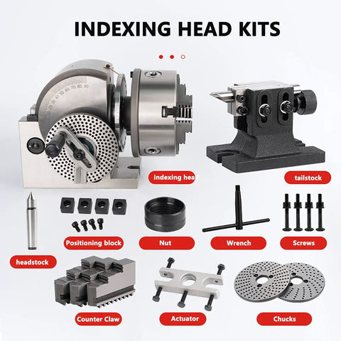 Rock Solid Three Jaw Chuck And Precision Dividing Head Kit With Smooth Rotary Indexing Table And Heavy Duty Tailstock For Top Shelf Milling Machines Featuring Easy Swap Plates And 90 To One Reduction Ratio For Killer Precision Cuts including indexing head, tailstock, and various accessories.