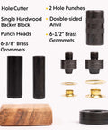 Professional Grommet Kit For Three Eighths To One Half Inch Brass Grommets For Tarp Repair And Canvas Reinforcement Includes Hole Cutter Hardwood Backer Block Double Sided Anvil Two Hole Punches And Brass Grommets In Six And One Half Inch And Six And displayed components
