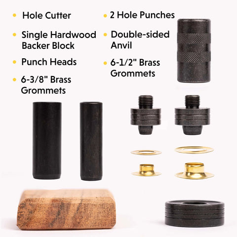 Professional Grommet Kit For Three Eighths To One Half Inch Brass Grommets For Tarp Repair And Canvas Reinforcement Includes Hole Cutter Hardwood Backer Block Double Sided Anvil Two Hole Punches And Brass Grommets In Six And One Half Inch And Six And displayed components