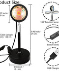 Sunset Projection Lamp 6W LED With 180 Degree Rotating Head, Wireless App Control And Remote, dimensions and features.