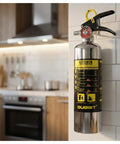 Wall-mounted view of Class K Kitchen Fire Extinguisher For Cookin Grease Fires, 40 Fl Oz Wet Chemical, Quick Pull Handle, Easy PASS Operation