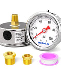 Industrial stainless steel pressure gauge with fittings, 0-100 psi, liquid-filled, 1.5 inch dial, durable for oil, water, air lines.
