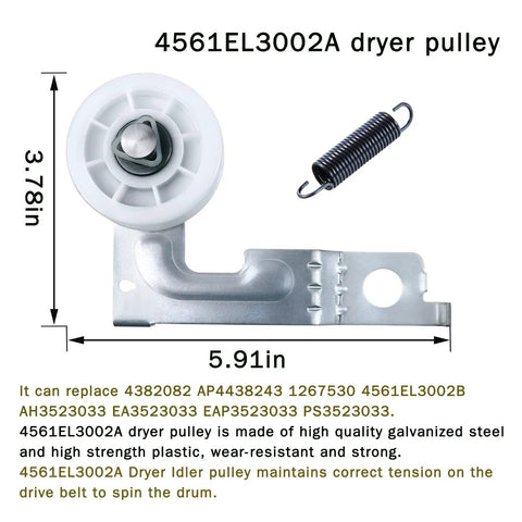 4561EL3002A dryer pulley with spring, 3.78x5.91in, for DIY Dryer Roller Replacement Kit Fits Popular Dryers 4581EL2002C.