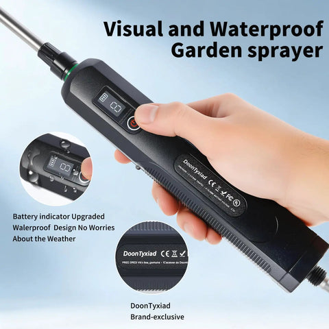 Close-up of 2 Gallon Electric Garden Sprayer With Rechargeable Battery USB Power, showing controls and waterproof feature.