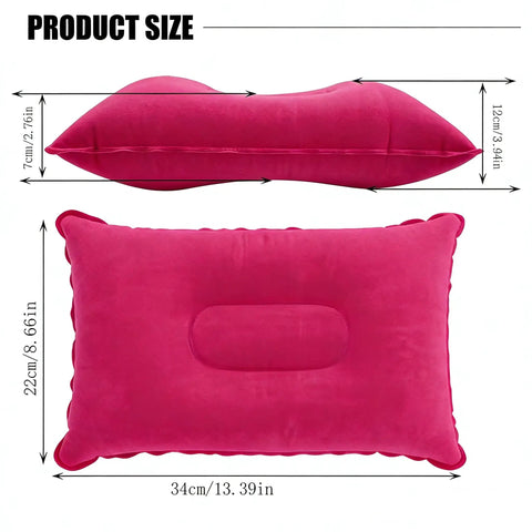 Inflatable Neck And Lumbar Support Pillow For Office Travel Car Camping And Hiking Super Comfy Easy To Inflate With Adjustable Firmness Ideal For Long Naps Rose Red, showing dimensions and side views.