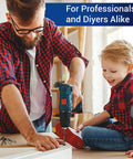 Father and son using a drill in workshop, emphasizing use of Super Sharp Double Cut Sa Three Tungsten Carbide Burr Bit With Quarter Inch Shank Perfect For Die Grinders When Carving Wood Or Shaping Metal Works With Milwaukee Dewalt And Makita Includes Sturdy Storage Case.