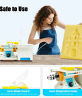 Woman using Beast 750W Mini Table Saw Bench Grinder with yellow foam board, 110V adjustable speed saw and polisher.