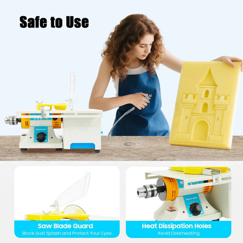 Tough As Nails 750W Lapidary Saw And Rock Cutter With Quick Variable Speed Dial 800 To 10000RPM Diamond Table Grinder in use for gemstone engraving.