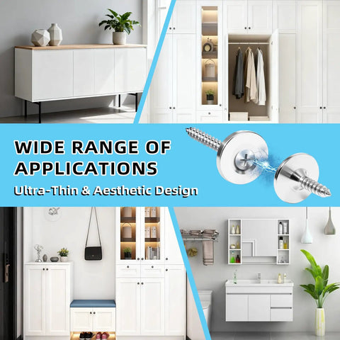 Magnetic Door Catch Set Six Pack Stainless Steel Silver Cabinet Latch for cabinets, drawers, and closets shown in various uses.