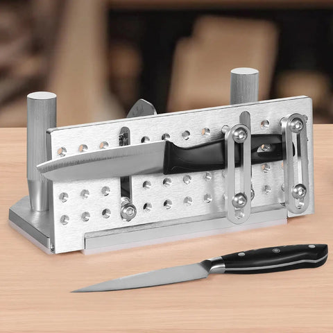 Rugged Adjustable Belt Sander Knife Jig With Dual Handles 85 To 115 Degrees Angle Finder on a wooden table showcasing precision knife sharpening.