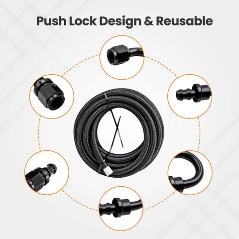 Beefed Up Universal 6AN Fuel Line Kit With Three Eighth Inch Nylon Braided Push Lock Hose Ends For Transmission Cooler Lines