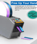 All In One Ribbon Cutter Machine With 999mm Max Cut Length, Hands Free Auto Feed And Manual Control, tape being cut