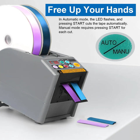 All In One Ribbon Cutter Machine With 999mm Max Cut Length, Hands Free Auto Feed And Manual Control, tape being cut