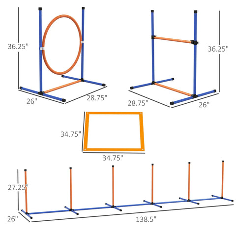 Diagram of Pro Grade Dog Agility Gear Kit For Backyard Training With Weave Poles, Pause Box, Hurdle, Jumping Ring dimensions
