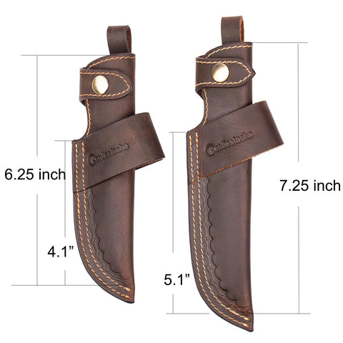 Two dark brown leather horizontal knife sheaths with 5.1 inch blade capacity, lightweight 0.15lb belt holster, vertical or horizontal carry