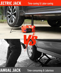 Electric Car Jack 5 Ton 12V Floor Hydraulic Lift With Built In Tire Pump shown lifting a car beside a manual jack comparison.