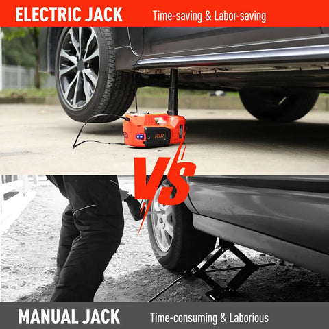 Electric Car Jack 5 Ton 12V Floor Hydraulic Lift With Built In Tire Pump shown lifting a car beside a manual jack comparison.