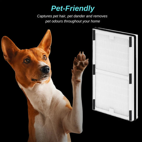 Dog raising paw next to 2 Pack Replacement Filter C For IAP-10-200 And IAP-10-280 Air Purifiers Includes 2 Pleated Filter C Units