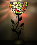 Small Tiffany Stained Glass Table Lamp With Uplight Accent, floral stained glass shade, metal leaf base, cozy glow