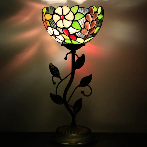 Small Tiffany Stained Glass Table Lamp With Uplight Accent, floral stained glass shade, metal leaf base, cozy glow