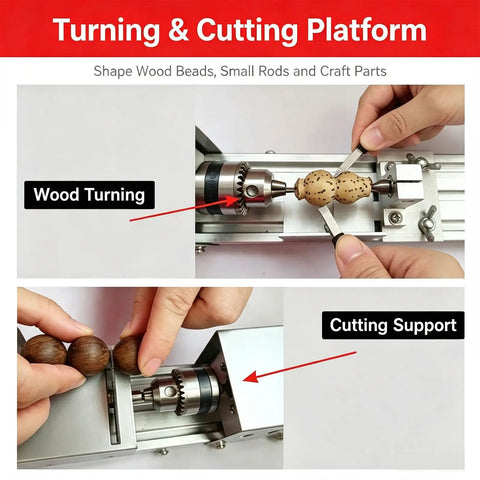 Pro Mini Wood Lathe With 7-Speed Adjustable Control Ranging From 2000 To 8000 RPM shaping wood beads on a cutting platform.
