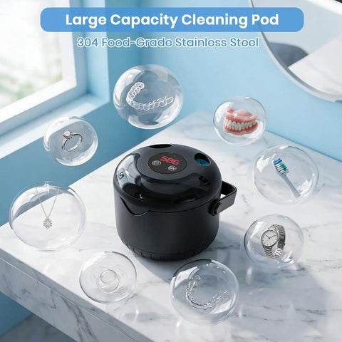 Top Tier 45kHz Ultrasonic Retainer Cleaner Machine For Dentures Night Guards And Mouthguards on a marble countertop.