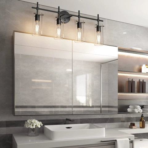 Black Four Light Vanity Light Fixture Farmhouse Style For Bathroom Lighting E26 Socket Compatible Rustic Modern Bath Bar With Easy Mount Bulbs Not Included