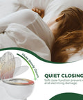 Elongated Quiet Close Toilet Seat for Bathroom with soft close feature displayed next to a sleeping person.