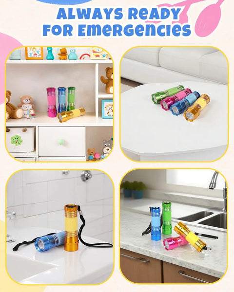 Four Pack High Power Glow In Dark Mini LED Flashlights Aluminum Body on table, durable and colorful for emergency use.