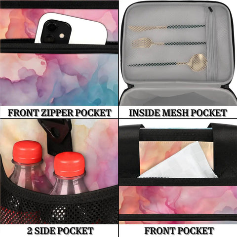 Gradient Color Insulated Picnic Backpack With Lunch Box showing pockets for phone, utensils, and bottles, 12x8.7x10 inches.