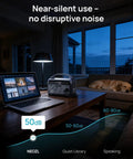 Living room with Portable Power Station 300W With 600W Surge, 192Wh LiFePO4 Battery, 110V AC Outlet near laptop, dog sleeping on sofa.