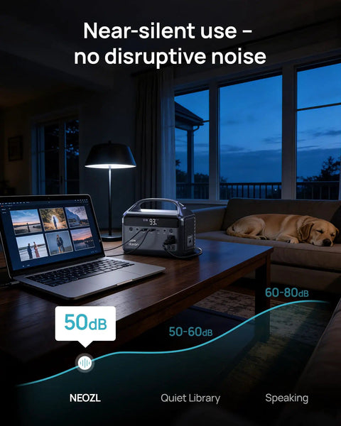 Living room with Portable Power Station 300W With 600W Surge, 192Wh LiFePO4 Battery, 110V AC Outlet near laptop, dog sleeping on sofa.