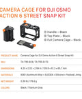 Components of DJI Osmo Action 6 Street Snap Kit Camera Cage including black handle and top plate.