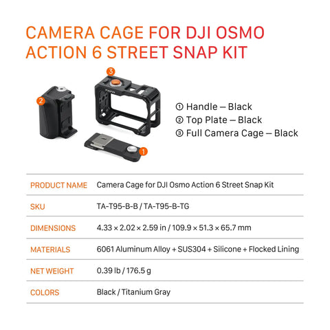 Components of DJI Osmo Action 6 Street Snap Kit Camera Cage including black handle and top plate.