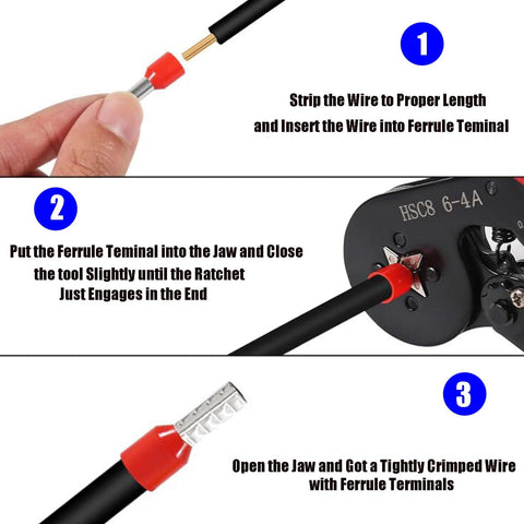 Step-by-step use of Pro Grade Ferrule Crimping Tool Kit Self Adjustable Ratchet With AWG23-7 Range Crimper Plier Set