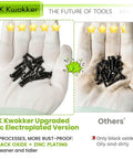 Comparison of K Kwokker zinc electroplated screws and standard screws on gloves, highlighting rust-proofing benefits.