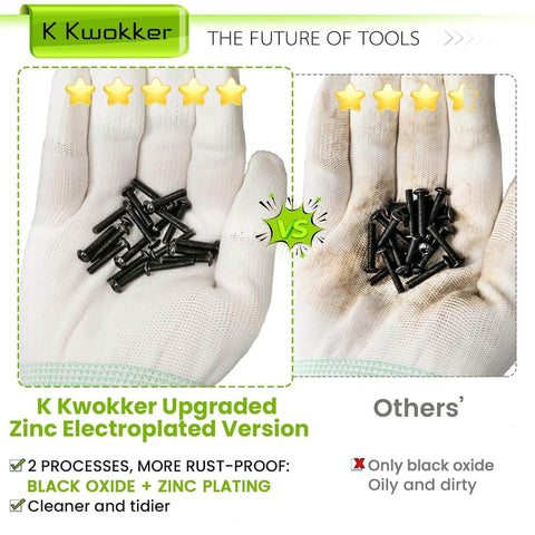 Comparison of K Kwokker zinc electroplated screws and standard screws on gloves, highlighting rust-proofing benefits.