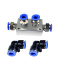 Push To Connect Air Line Splitter Manifold Block Assembly Aluminum with blue seals and two elbow fittings for pneumatic systems.