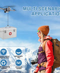 All Terrain Drone Airdrop System With Remote Release for Payload Delivery, woman in outdoor gear standing beside drone with first aid box.