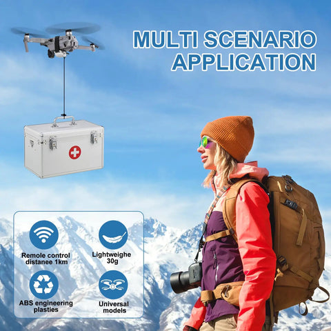 All Terrain Drone Airdrop System With Remote Release for Payload Delivery, woman in outdoor gear standing beside drone with first aid box.