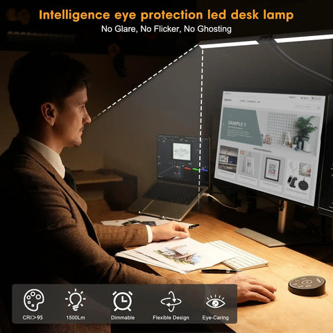 LED Desk Lamp For Office And Home With Clamp And Dual Monitor Support Eye Care Architect Light 24W on desk setup