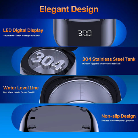 49KHz Ultrasonic Retainer Cleaner Pod With 220ML Capacity features LED display and 304 stainless steel tank for deep cleaning.