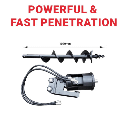 Built Tough Mini Excavator Auger Drill Attachment 1020mm Length With Universal Fit For 1.8 Ton Machines shown in parts