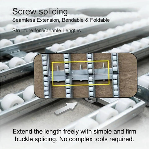 Heavy Duty Gravity Roller Conveyor showing screw splicing for easy extension and flexibility in warehouse use.