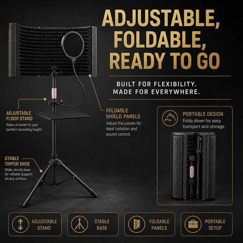 6 Panel Microphone Isolation Shield With Adjustable Metal Stand For Podcast Recording Studio Vocal Booth Sound Deadening Screen.