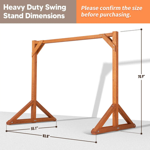 Heavy Duty Wooden Swing Frame For Outdoors With 800 Lb Capacity Stable Porch Swing Stand For Adults And Kids shown with dimensions