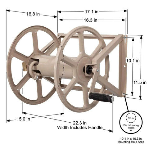 Heavy Duty Steel Hose Reel For Wall Or Floor Mount, Beefed Up To Hold 200 Feet Of Five Eighth Inch Hose, Weather Resistant Tan Finish