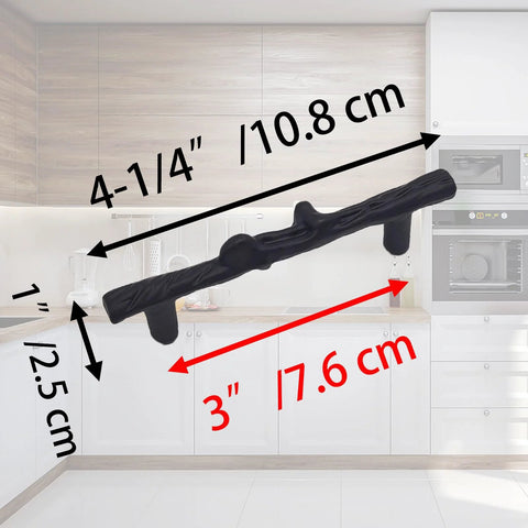 8 Piece Black Tree Branch Cabinet Handles Set, 3 inch center, natural twig design, zinc alloy, dimensions shown, kitchen background