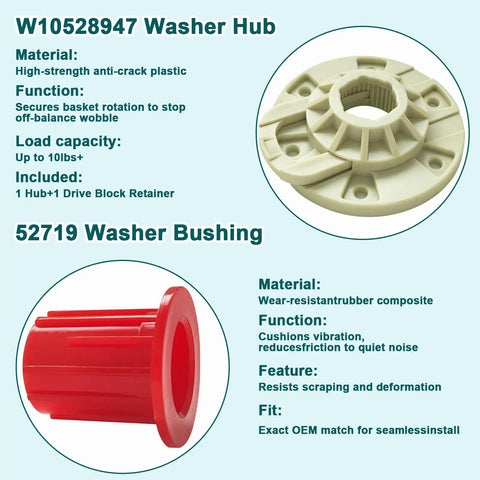 Washer Basket Driven Hub Kit With 52719 Bushing showing W10528947 hub and red bushing for heavy-duty top load machines.