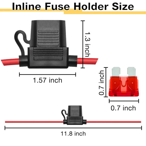 2 Pack 12V Inline Fuse Holders With 18 AWG Circuit Wire And 10A Blade Fuses dimensions showing 1.57 inch holder and 0.7 inch fuse